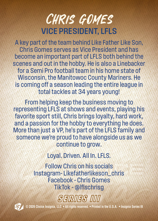 Chris Gomes LFLS trading card &ndash; back